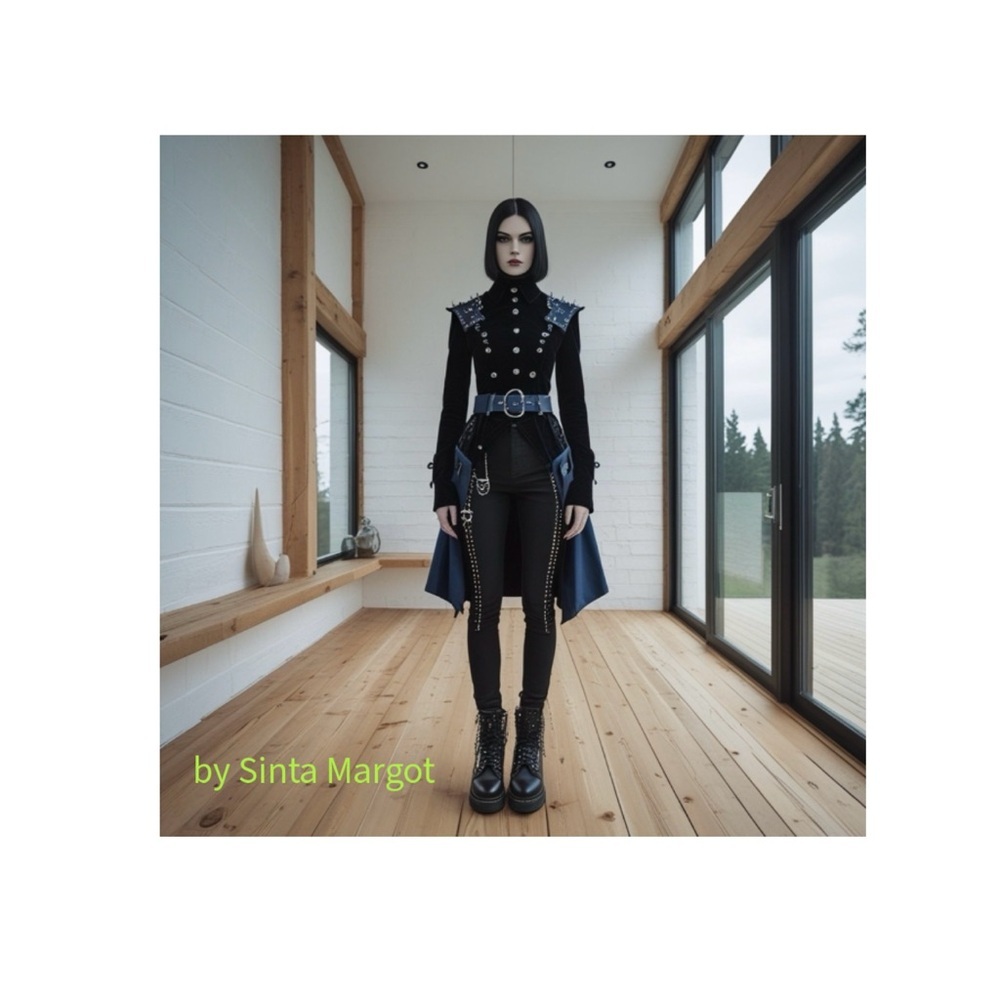 HANDCRAFTED digital print Edgy Black and Blue Outfit with Studs on model NWT